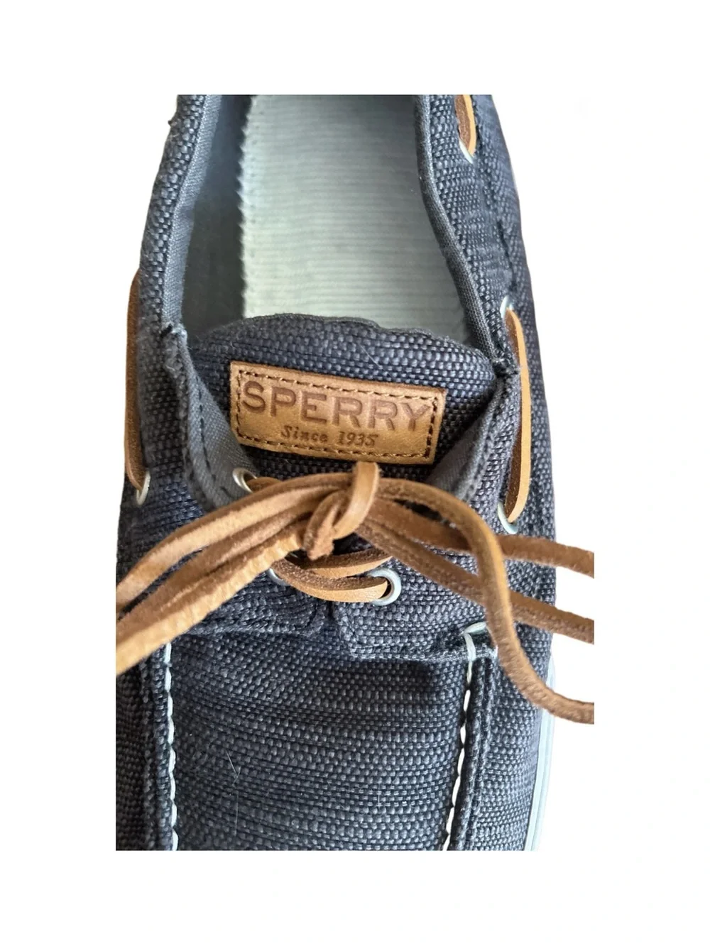 Sperry Men’s Topsider Canvas Boat Shoes Black Wash Brown Leather Laces Size 12